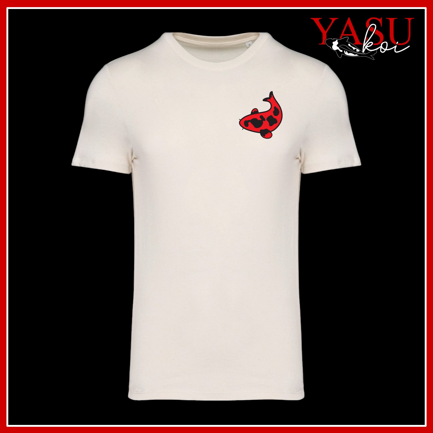 Indulge in the charm of this organic combed cotton t-shirt featuring a kawaii style Asagi Koi design printed on the left upper chest. 
