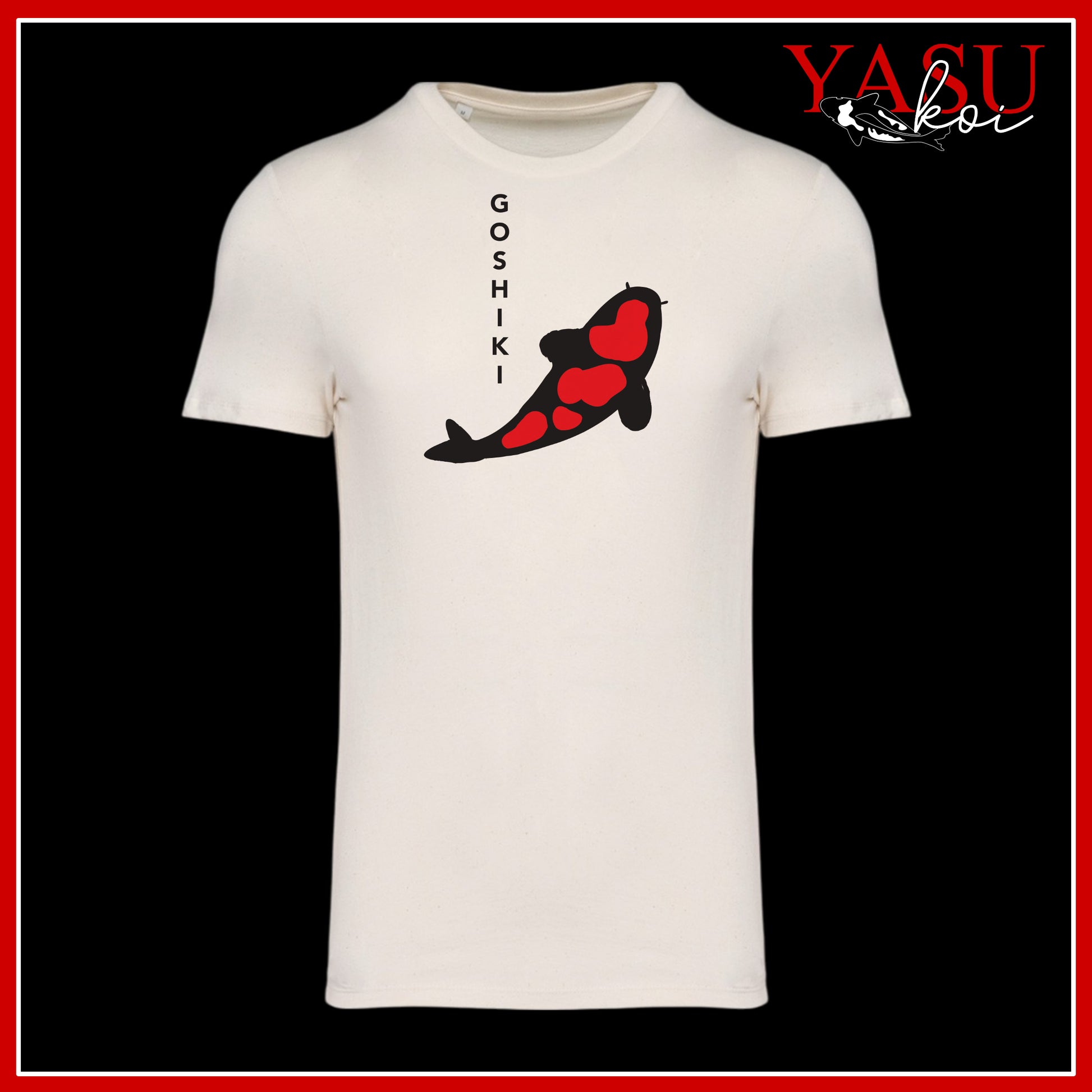 Look stylish and eco-friendly in this unisex organic cotton t-shirt!

Featuring a stunning printed Goshiki Koi design prominently on the front, with the koi name spelled downwards for a unique touch.

Take your love for Koi out with you.