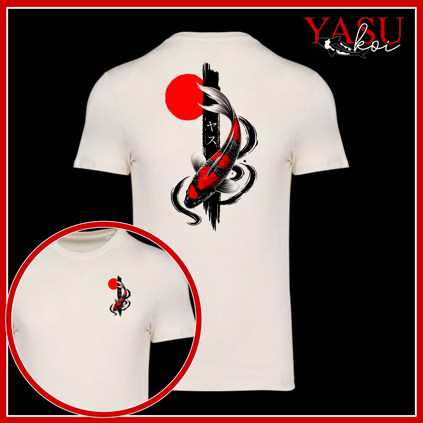 White t-shirt with black and red graphic design on a white background, featuring the brand 'YASU'.