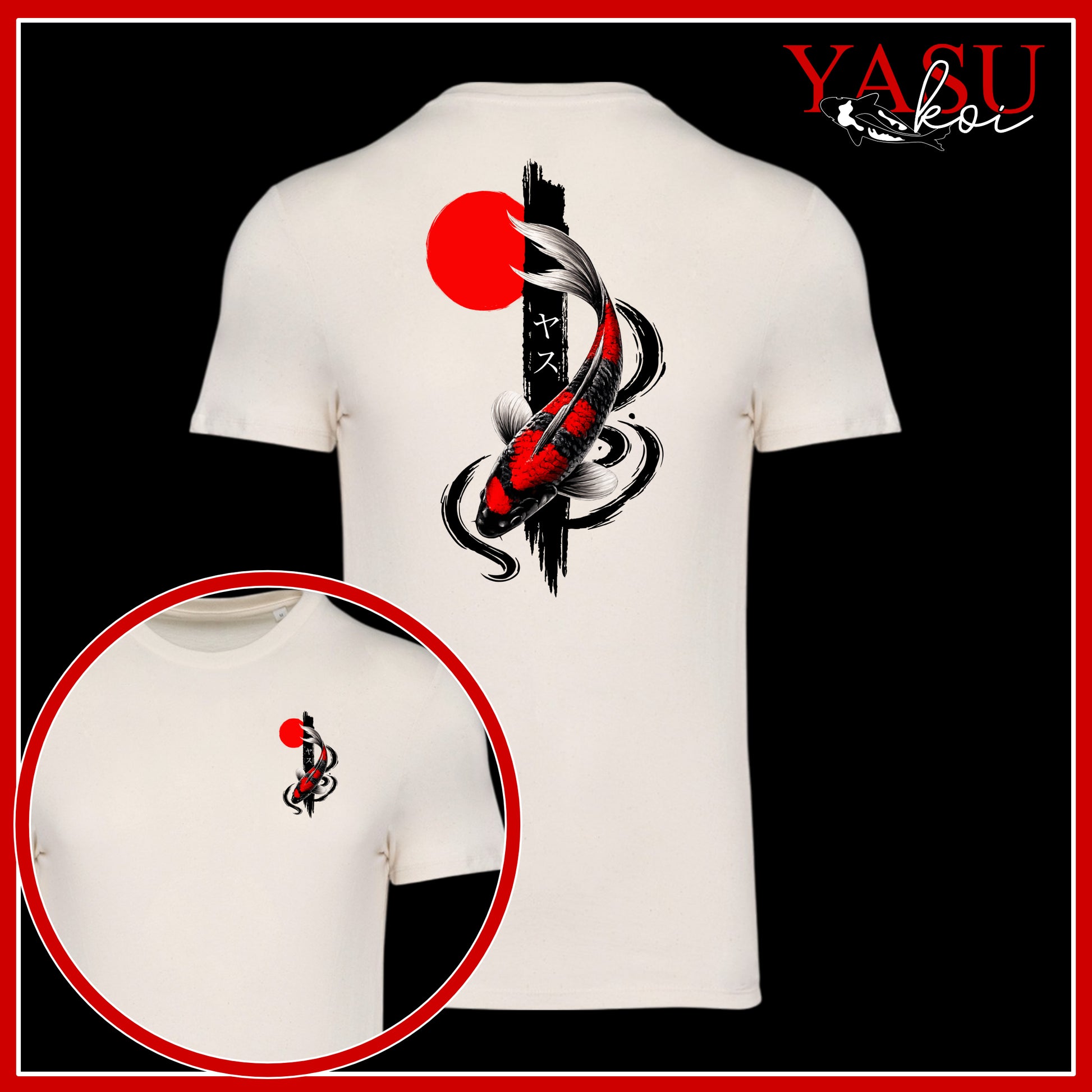 White t-shirt with black and red graphic design on a white background, featuring the brand 'YASU'.