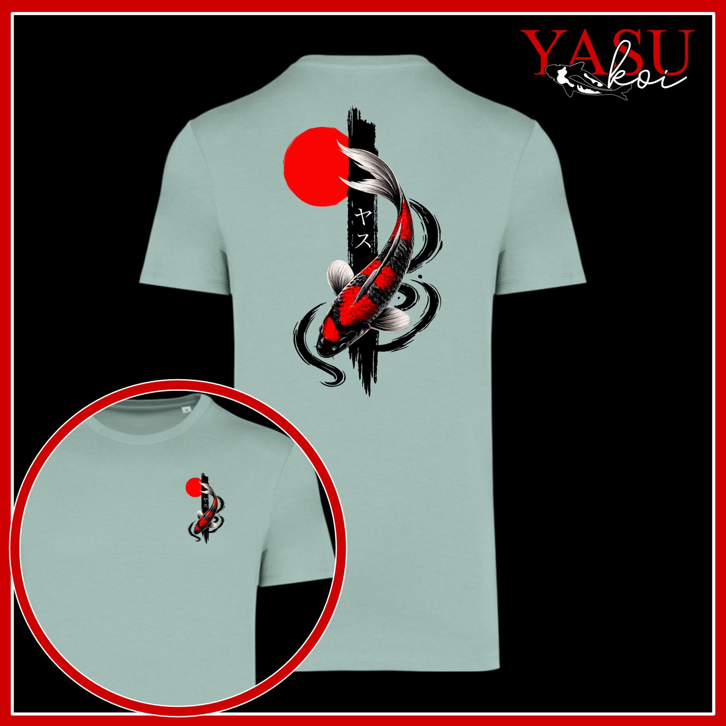 Light blue t-shirt with a red and black koi fish design on a black background, featuring the brand 'Yasu Koi'.