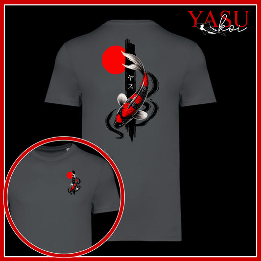 Gray t-shirt with a red and black koi fish design on a black background, featuring the brand 'Yasu Koi'.