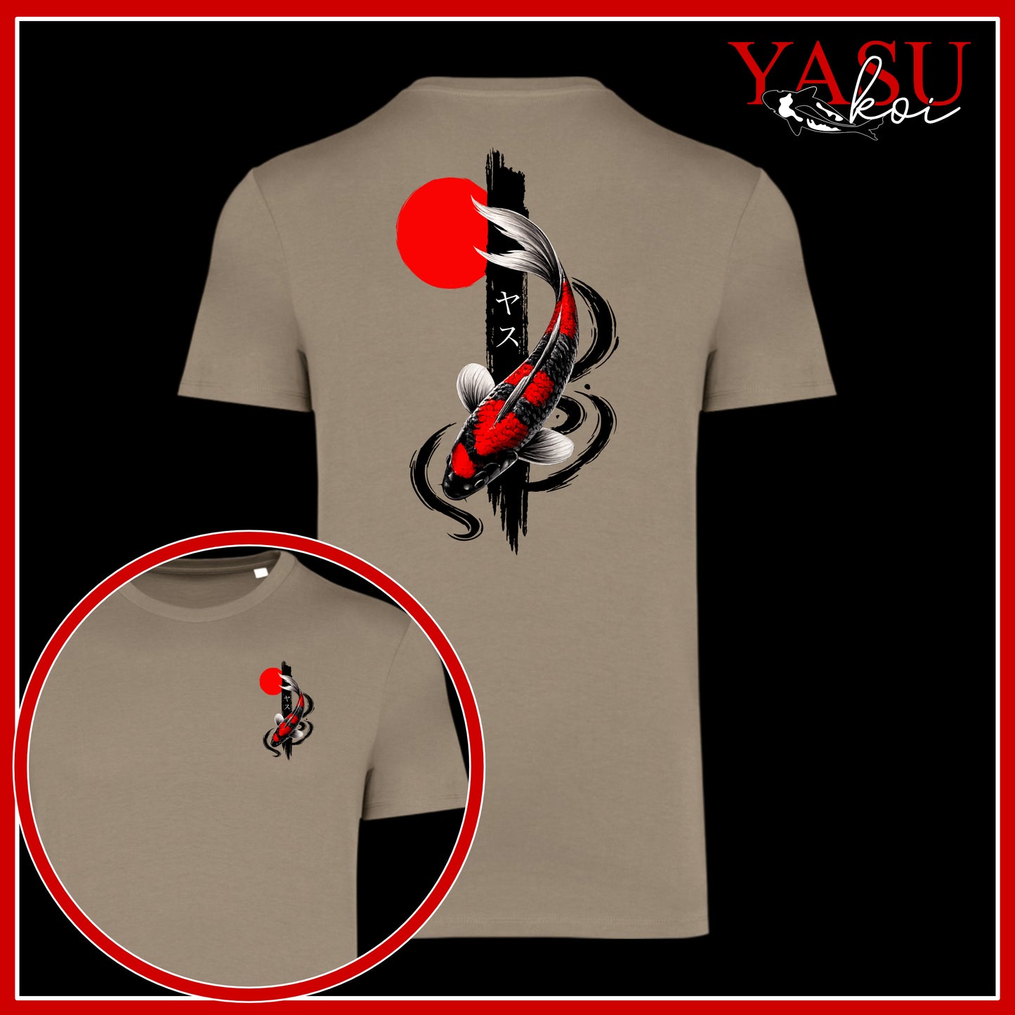Beige t-shirt with black and red graphic design on a black background, featuring the brand 'YASU'.