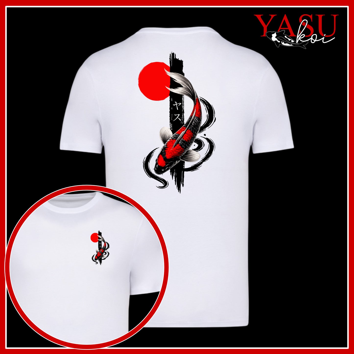 White t-shirt with black and red graphic design on a black background, featuring the brand 'YASU'.