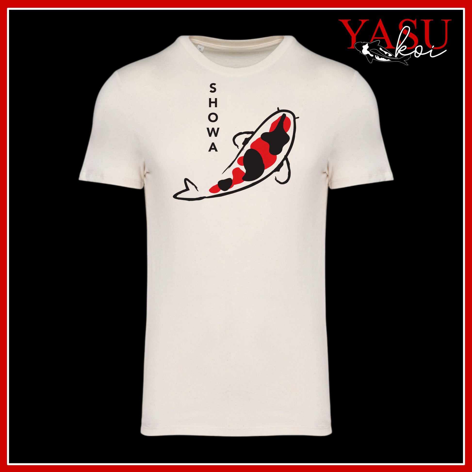 Upgrade your wardrobe with this unisex organic cotton t-shirt showcasing a bold printed Showa koi design on the front.

The intricate koi is outlined in striking black, with its name elegantly spelled down the side. Stand out from the crowd with this unique and eye-catching piece!