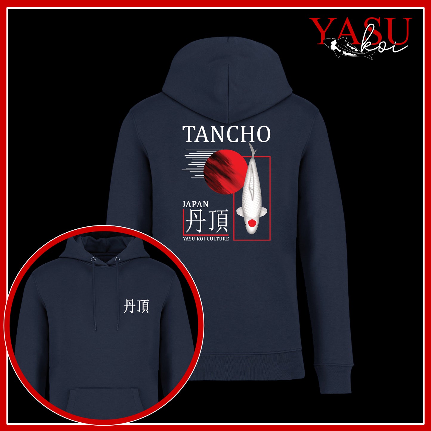 Navy blue hoodie with 'Tancho' and 'YASU' branding on a black background
